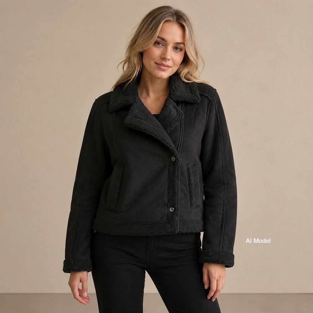 New Black Faux Sherpa Lined Moto Jacket Womens Medium Cozy Aviator